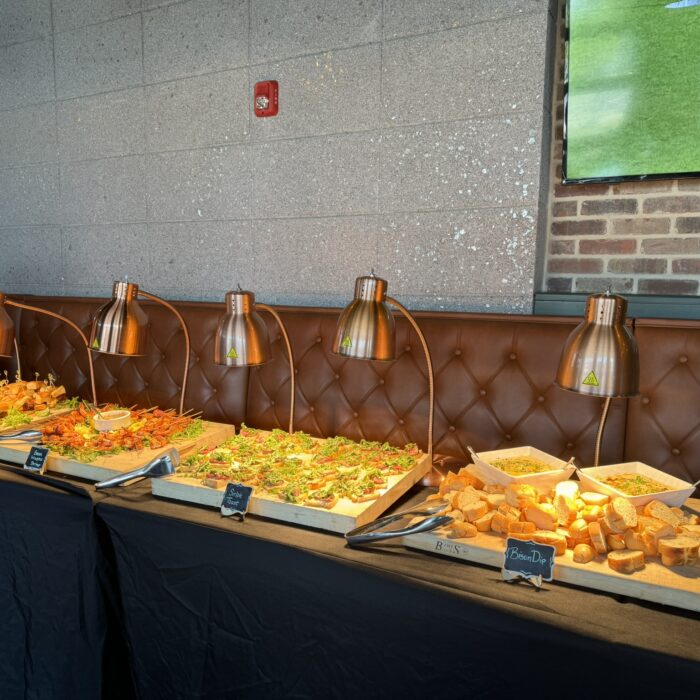 Lunch Catering Setup - Bison Dip, Sirloin Toast, Bacon Wrapped Shrimp,